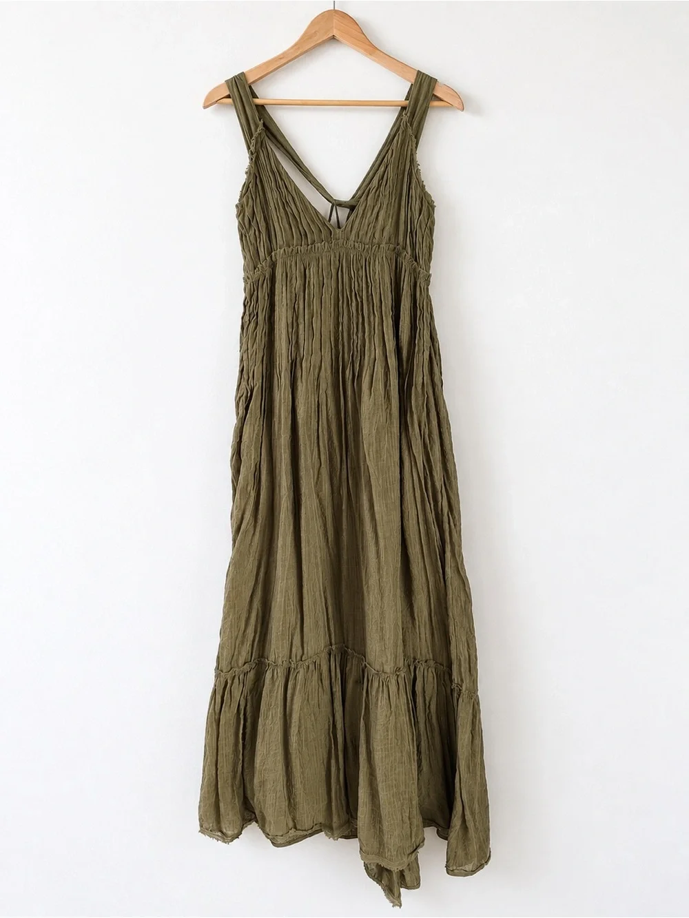Free People Frankie Pintuck Maxi Dress Olive Green Boho Open Back S